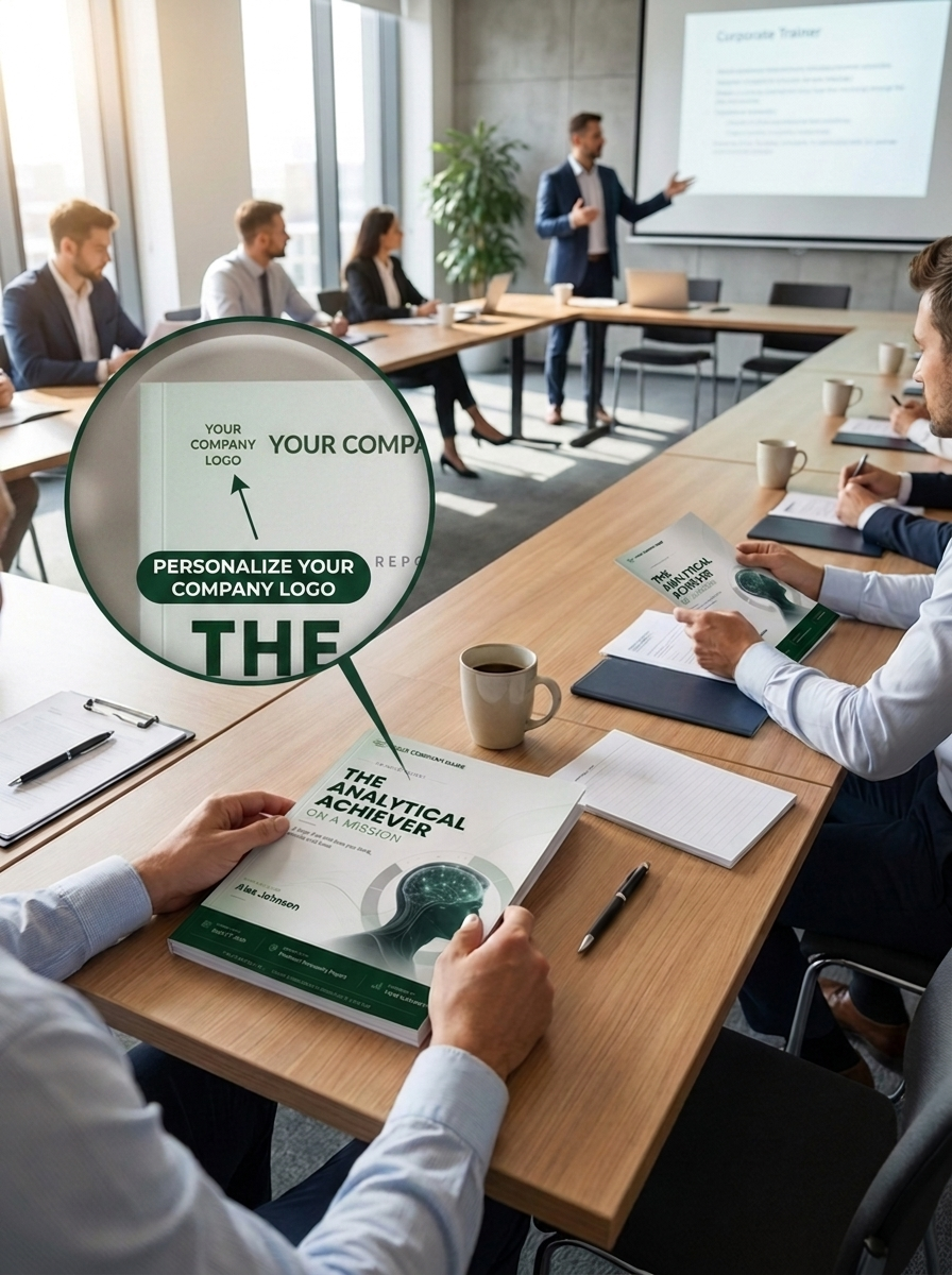 Professionals reviewing a TraitMatch AI white-label personality report in a corporate meeting, with magnifier highlighting the customizable company logo area